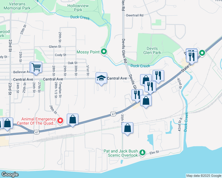 map of restaurants, bars, coffee shops, grocery stores, and more near 12 Riverview Lane in Bettendorf