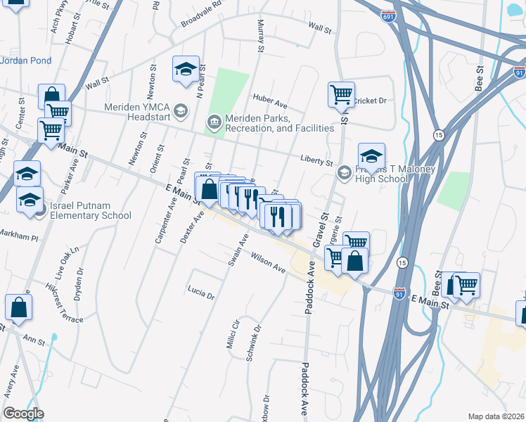 map of restaurants, bars, coffee shops, grocery stores, and more near 30 Williams Street in Meriden