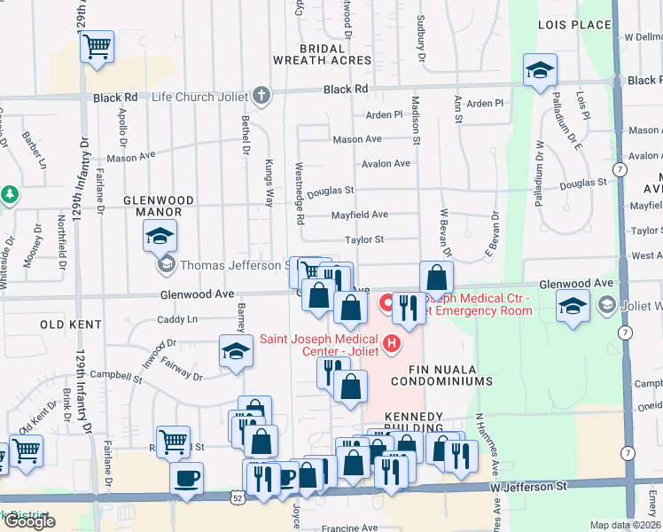 map of restaurants, bars, coffee shops, grocery stores, and more near 2355 White Birch Lane in Joliet