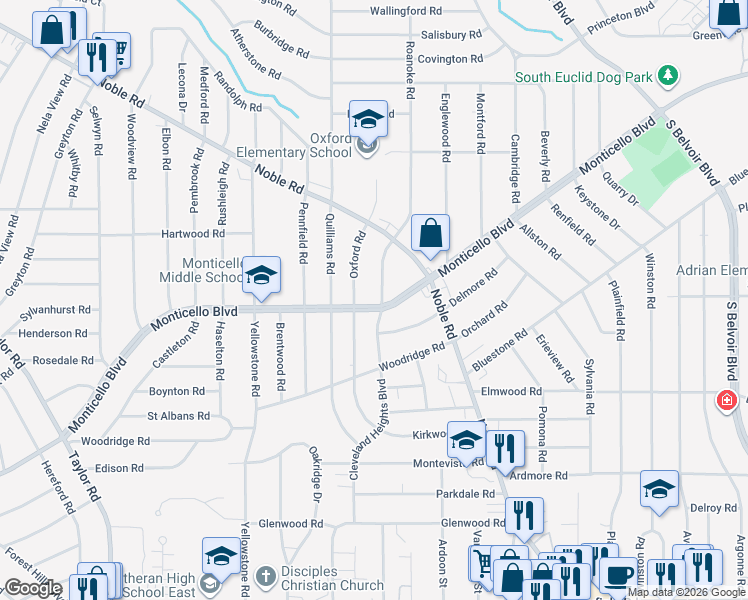 map of restaurants, bars, coffee shops, grocery stores, and more near 3777 Monticello Boulevard in Cleveland Heights