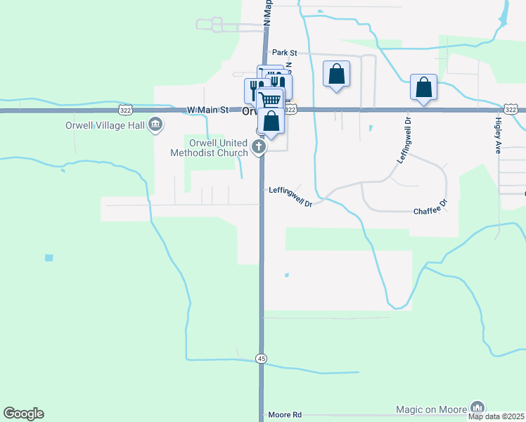 map of restaurants, bars, coffee shops, grocery stores, and more near 169 Ohio 45 in Orwell