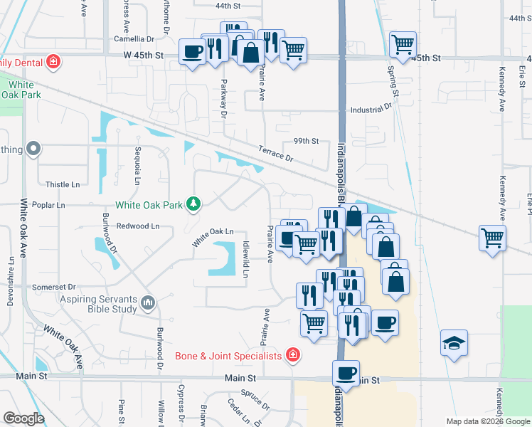 map of restaurants, bars, coffee shops, grocery stores, and more near 10048 Prairie Avenue in Highland