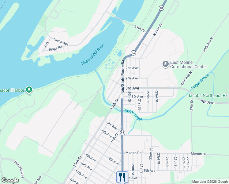 map of restaurants, bars, coffee shops, grocery stores, and more near 307 13th St in East Moline