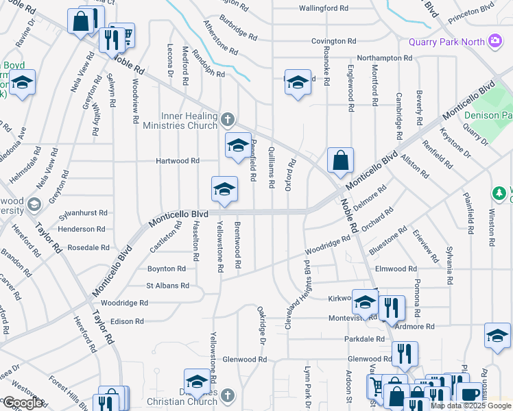 map of restaurants, bars, coffee shops, grocery stores, and more near 3701 Monticello Boulevard in Cleveland Heights