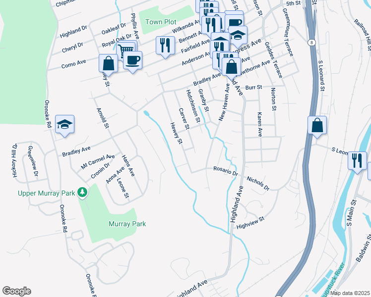 map of restaurants, bars, coffee shops, grocery stores, and more near 180 Carver Street in Waterbury