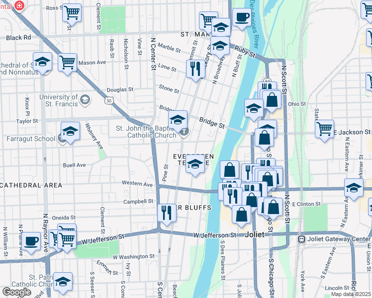 map of restaurants, bars, coffee shops, grocery stores, and more near 374 North Hickory Street in Joliet