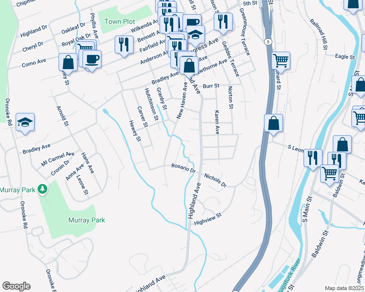 map of restaurants, bars, coffee shops, grocery stores, and more near 64 Tedesco Drive in Waterbury
