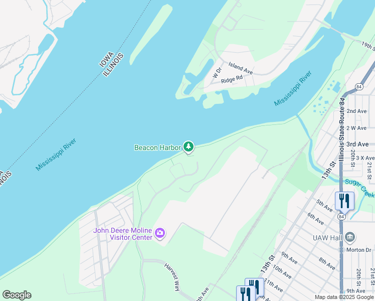 map of restaurants, bars, coffee shops, grocery stores, and more near Great River Trail in East Moline