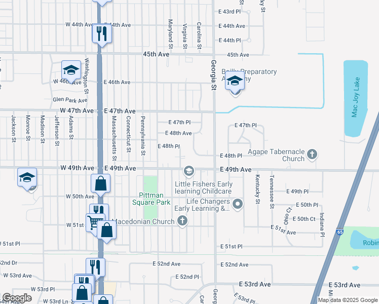 map of restaurants, bars, coffee shops, grocery stores, and more near 4844 Carolina Street in Gary