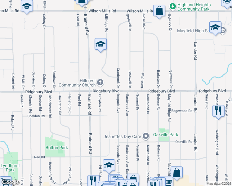 map of restaurants, bars, coffee shops, grocery stores, and more near 1100 Iroquois Avenue in Mayfield Heights
