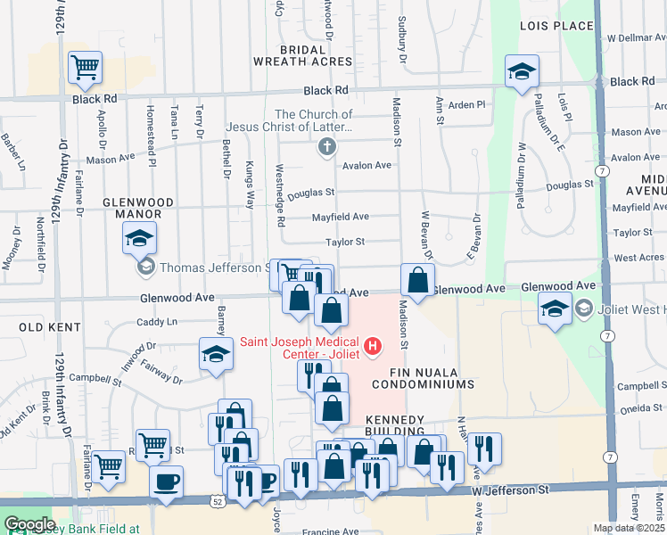 map of restaurants, bars, coffee shops, grocery stores, and more near 411 Springfield Avenue in Joliet