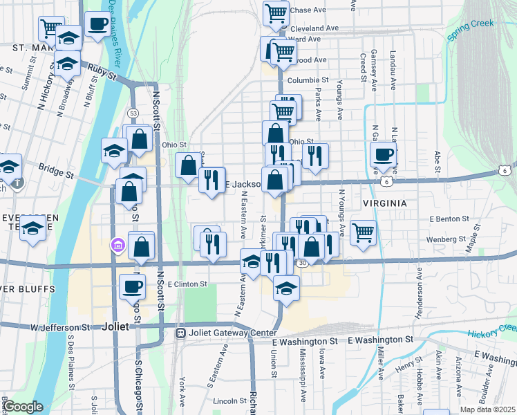 map of restaurants, bars, coffee shops, grocery stores, and more near 309 Herkimer Street in Joliet