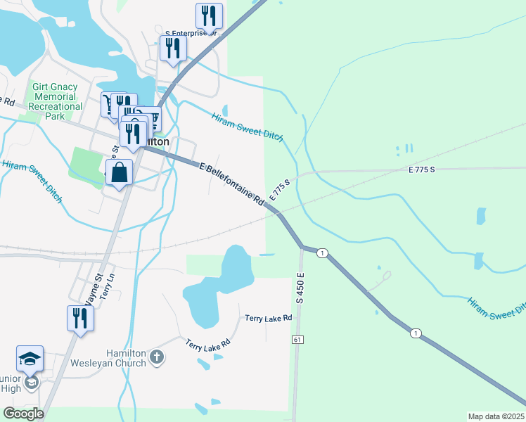 map of restaurants, bars, coffee shops, grocery stores, and more near 4345 East Bellefontaine Road in Hamilton