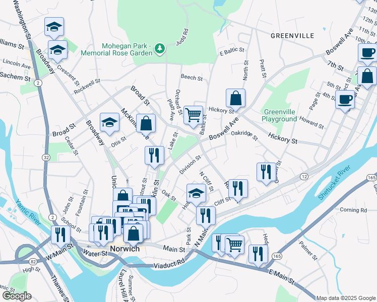 map of restaurants, bars, coffee shops, grocery stores, and more near 88 Boswell Avenue in Norwich