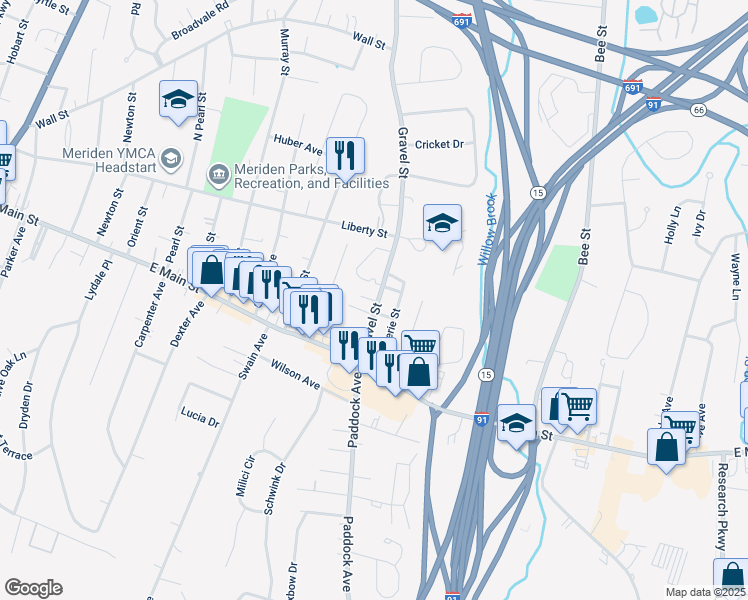 map of restaurants, bars, coffee shops, grocery stores, and more near 30 Merritt Place in Meriden