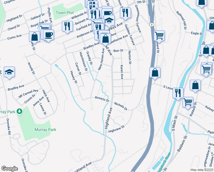 map of restaurants, bars, coffee shops, grocery stores, and more near 64 Tedesco Drive in Waterbury