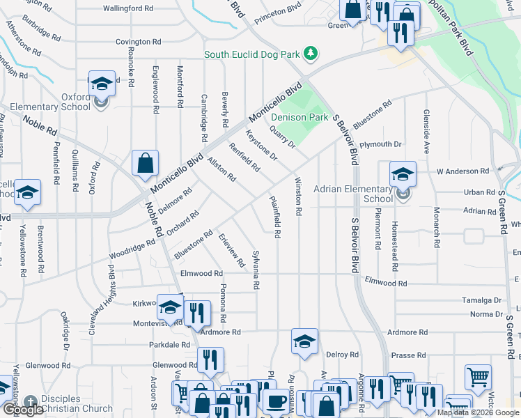 map of restaurants, bars, coffee shops, grocery stores, and more near 4026 Bluestone Road in Cleveland Heights