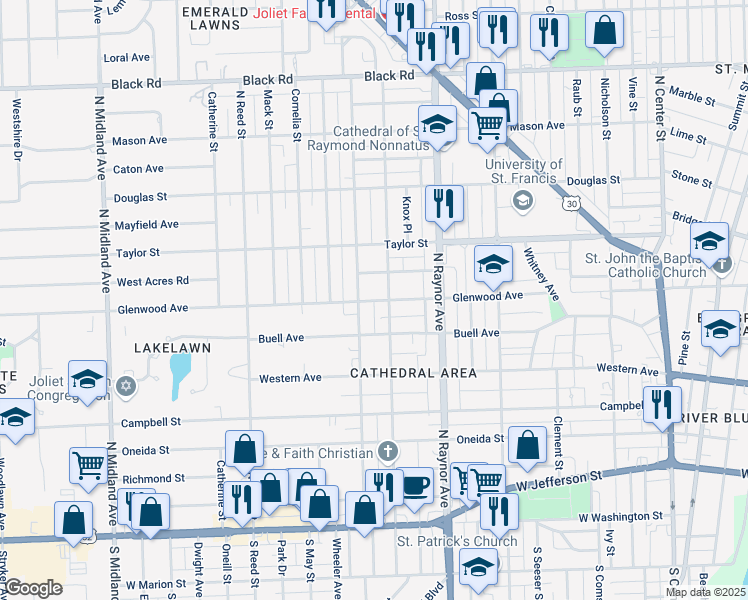 map of restaurants, bars, coffee shops, grocery stores, and more near 905 Glenwood Avenue in Joliet