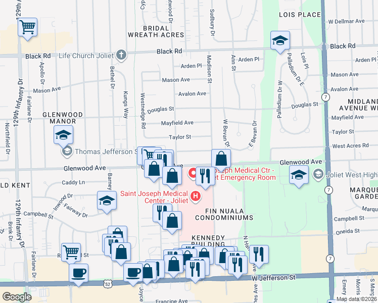 map of restaurants, bars, coffee shops, grocery stores, and more near 2226 West Acres Road in Joliet