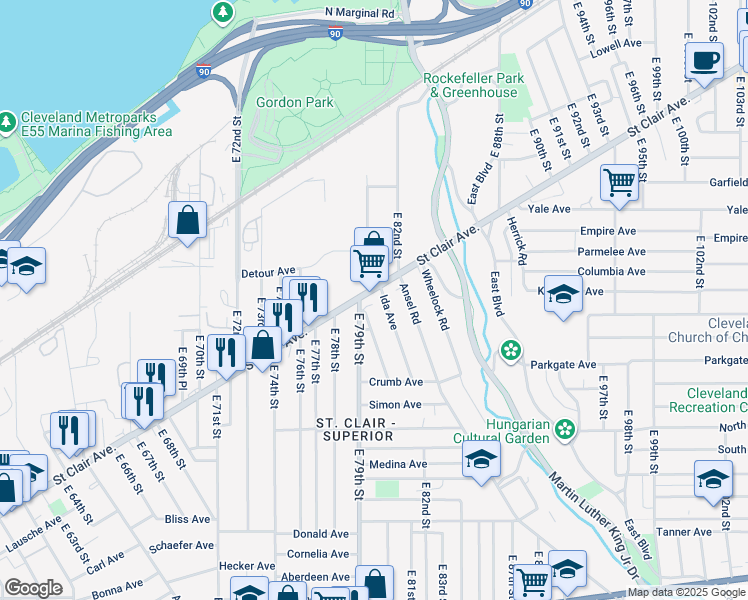 map of restaurants, bars, coffee shops, grocery stores, and more near 7916 Saint Clair Avenue in Cleveland