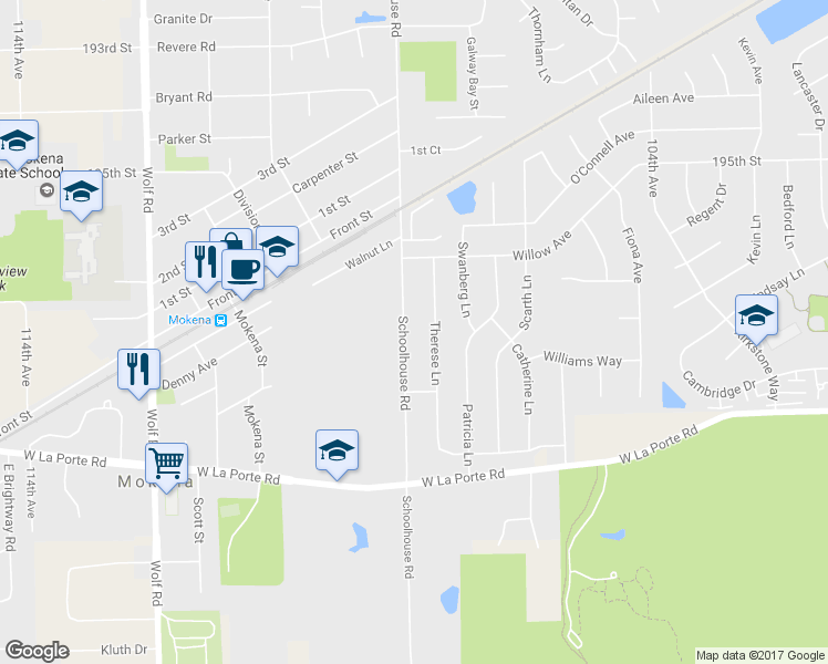 map of restaurants, bars, coffee shops, grocery stores, and more near 19731 South Schoolhouse Road in Mokena