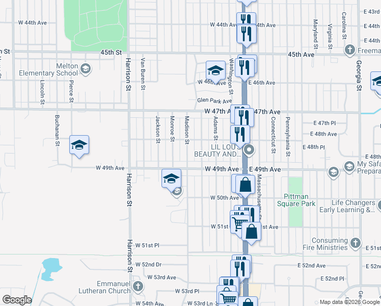 map of restaurants, bars, coffee shops, grocery stores, and more near 4837 Madison Street in Gary