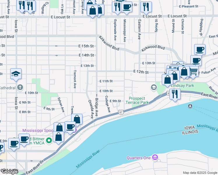 map of restaurants, bars, coffee shops, grocery stores, and more near 1009 College Avenue in Davenport