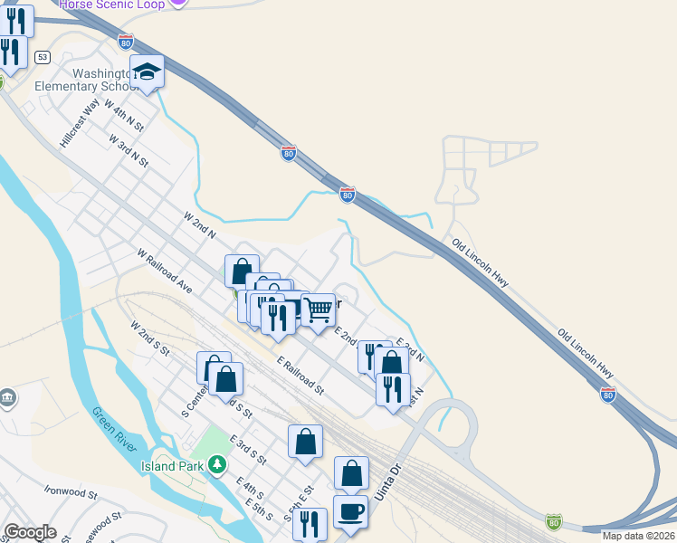 map of restaurants, bars, coffee shops, grocery stores, and more near 348 N 1st E in Green River