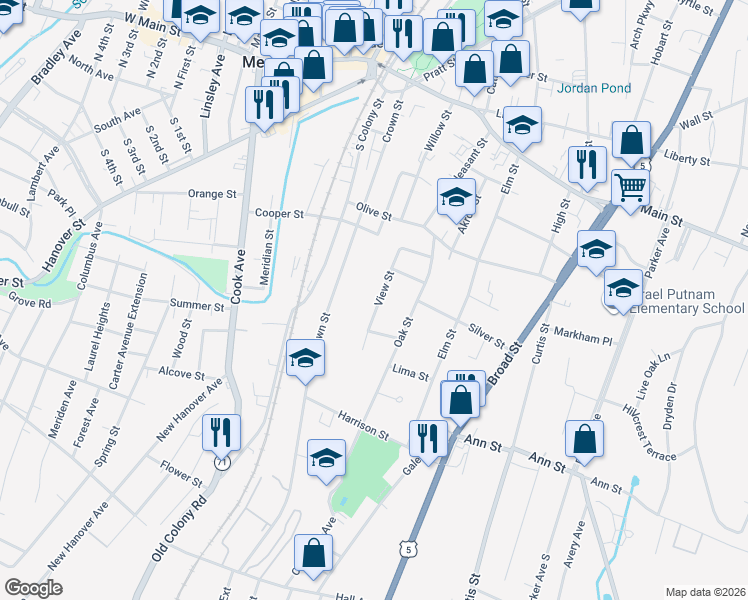 map of restaurants, bars, coffee shops, grocery stores, and more near 97 View Street in Meriden