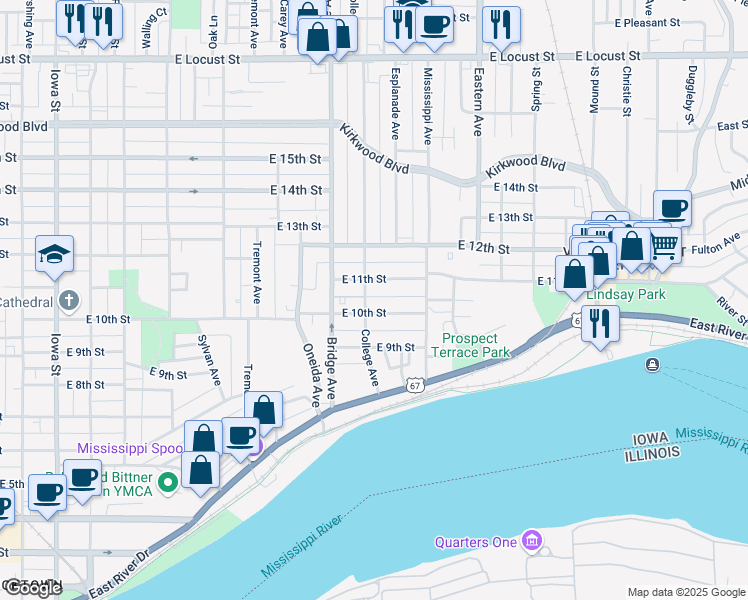 map of restaurants, bars, coffee shops, grocery stores, and more near 1009 College Avenue in Davenport