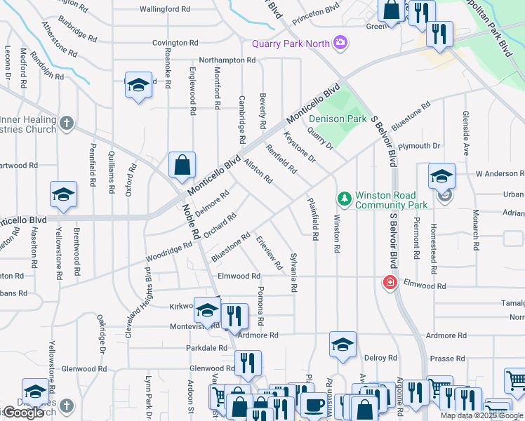 map of restaurants, bars, coffee shops, grocery stores, and more near 1106 Hillstone Rd in Cleveland Heights