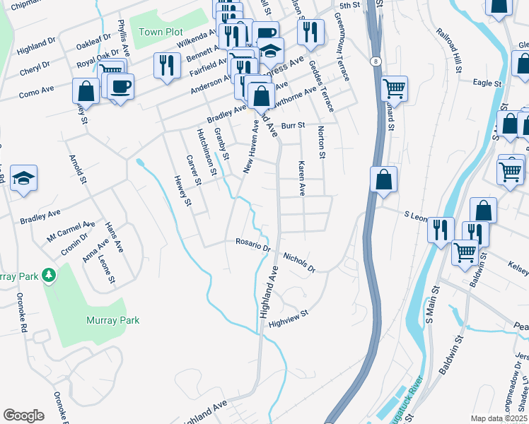 map of restaurants, bars, coffee shops, grocery stores, and more near 64 Tedesco Drive in Waterbury