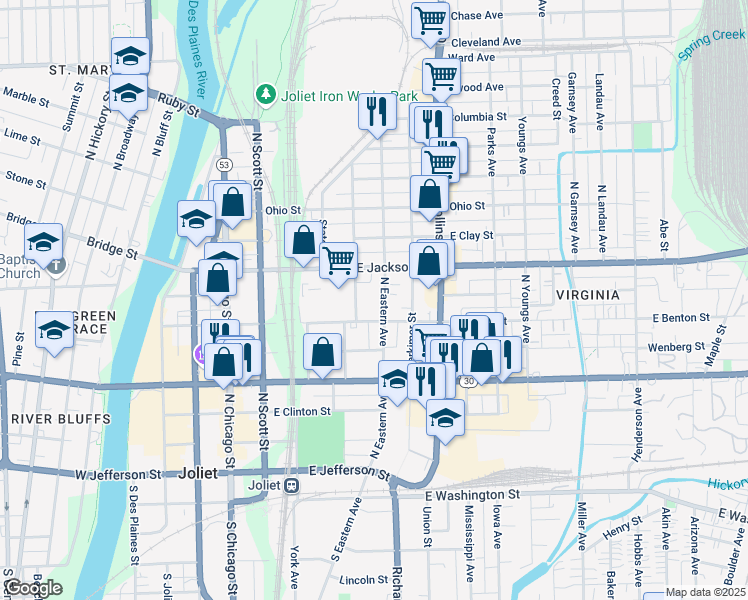 map of restaurants, bars, coffee shops, grocery stores, and more near 309 North Eastern Avenue in Joliet