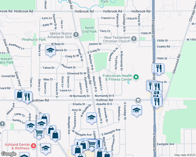 map of restaurants, bars, coffee shops, grocery stores, and more near 114 Mildred Lane in Chicago Heights