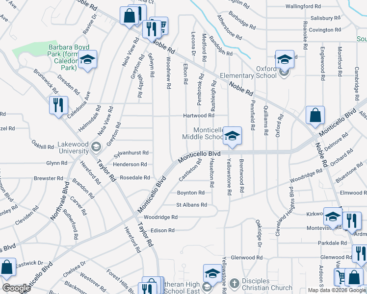 map of restaurants, bars, coffee shops, grocery stores, and more near 1092 Elbon Road in Cleveland Heights