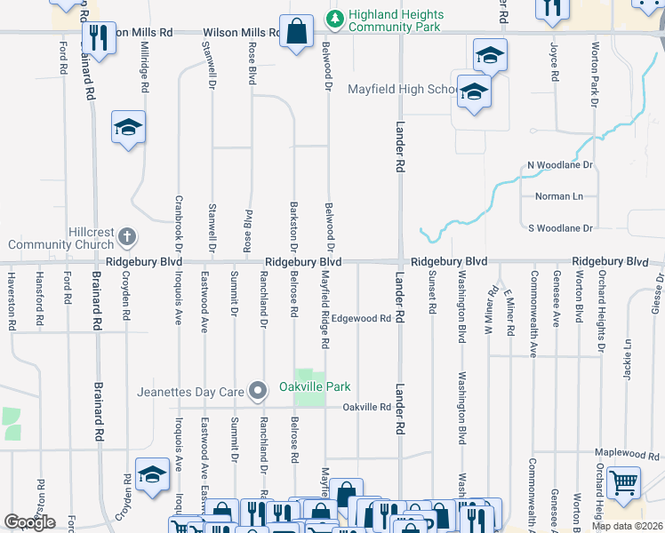 map of restaurants, bars, coffee shops, grocery stores, and more near 1105 Mayfield Ridge Rd in Mayfield Heights