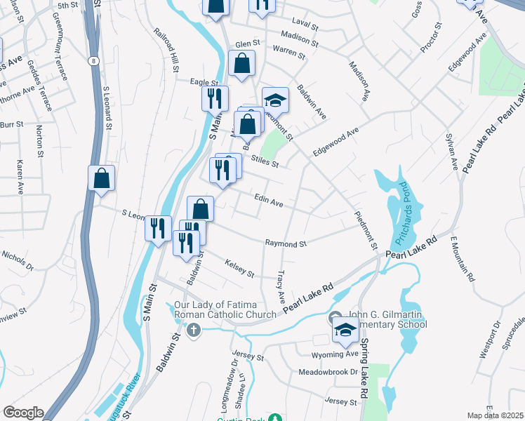 map of restaurants, bars, coffee shops, grocery stores, and more near 69 Charlevoux Street in Waterbury