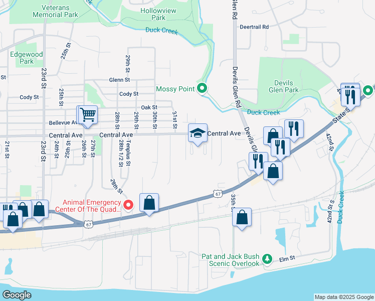 map of restaurants, bars, coffee shops, grocery stores, and more near 12 Central Lane in Bettendorf