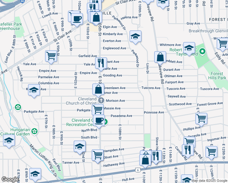 map of restaurants, bars, coffee shops, grocery stores, and more near 10623 Amor Avenue in Cleveland