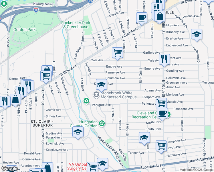 map of restaurants, bars, coffee shops, grocery stores, and more near 9114 Kempton Ave in Cleveland