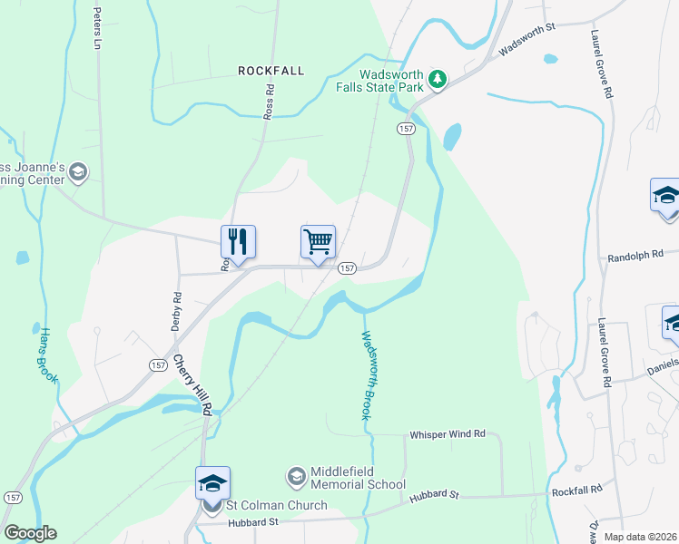 map of restaurants, bars, coffee shops, grocery stores, and more near 102 Main Street in Middlefield