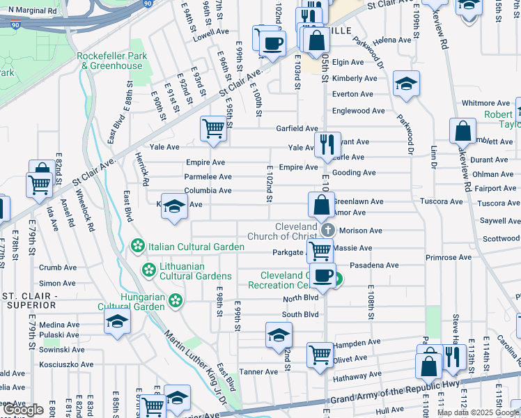 map of restaurants, bars, coffee shops, grocery stores, and more near 10008 Kempton Avenue in Cleveland