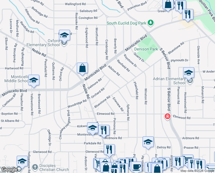 map of restaurants, bars, coffee shops, grocery stores, and more near 3982 Orchard Road in Cleveland Heights