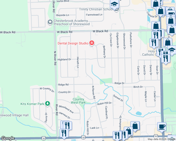 map of restaurants, bars, coffee shops, grocery stores, and more near 506 North Raven Road in Shorewood