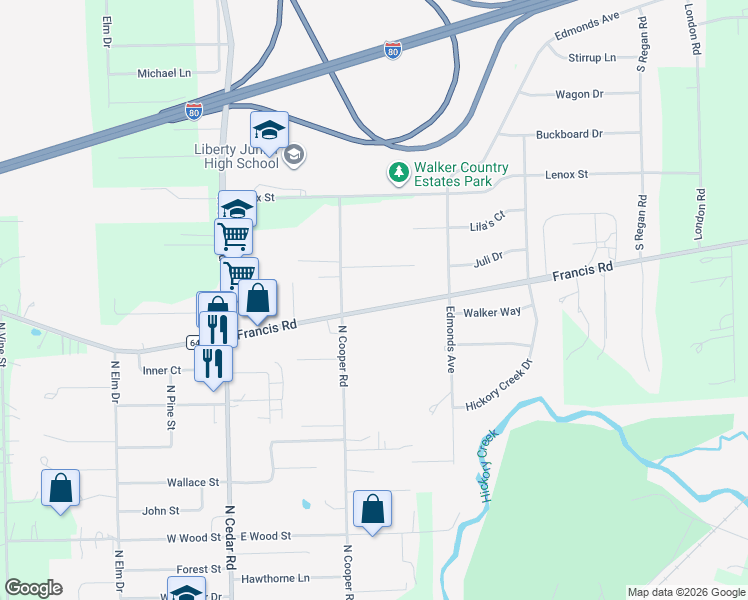 map of restaurants, bars, coffee shops, grocery stores, and more near 225 Francis Road in New Lenox