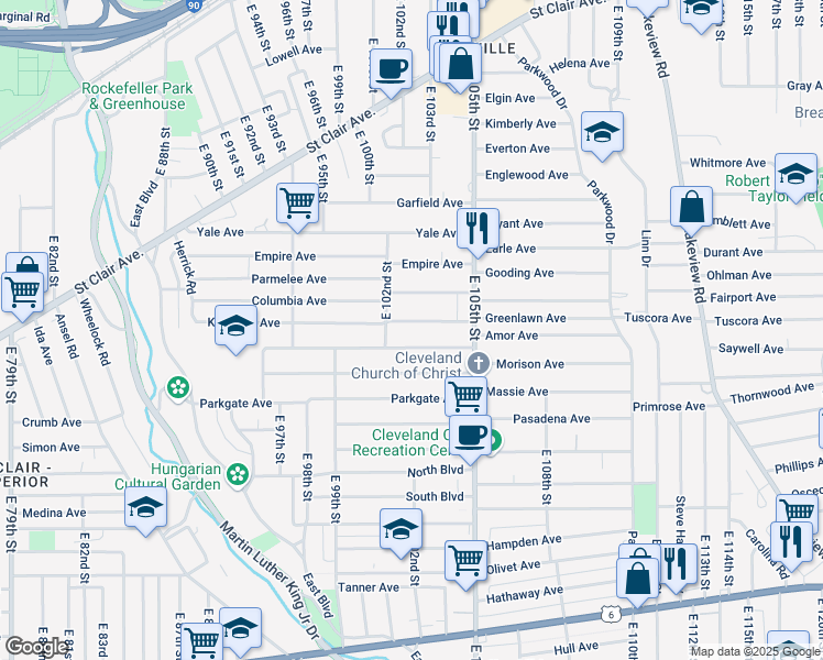 map of restaurants, bars, coffee shops, grocery stores, and more near 10226 Kempton Avenue in Cleveland