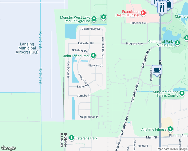 map of restaurants, bars, coffee shops, grocery stores, and more near 310 Cornwall Circle in Munster