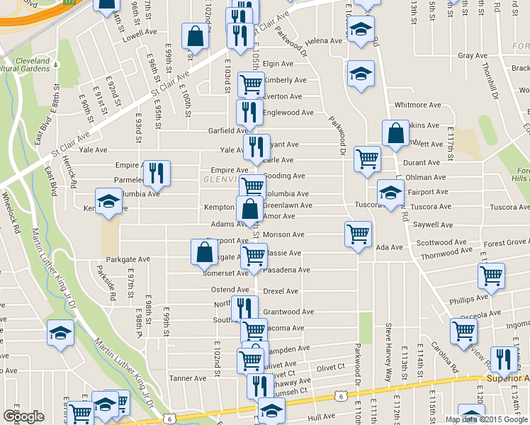 map of restaurants, bars, coffee shops, grocery stores, and more near 10509 Amor Avenue in Cleveland