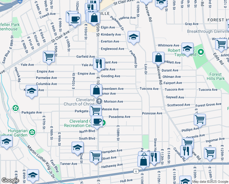 map of restaurants, bars, coffee shops, grocery stores, and more near 10627 Amor Avenue in Cleveland