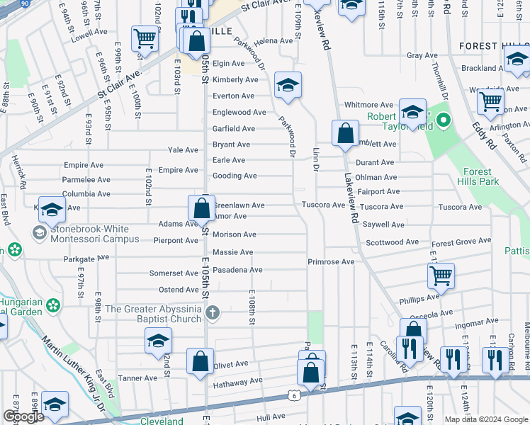 map of restaurants, bars, coffee shops, grocery stores, and more near 10729 Amor Avenue in Cleveland